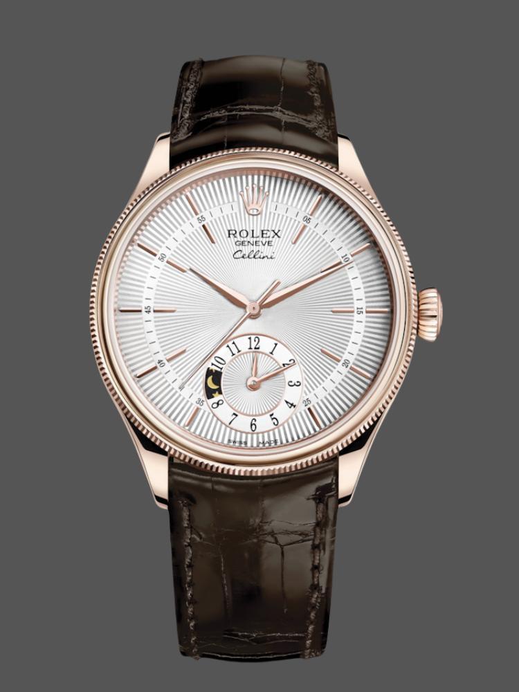 Rolex Cellini Dual Time 50525 Silver Dial Brown Leather Strap 39mm Mens Replica Watch